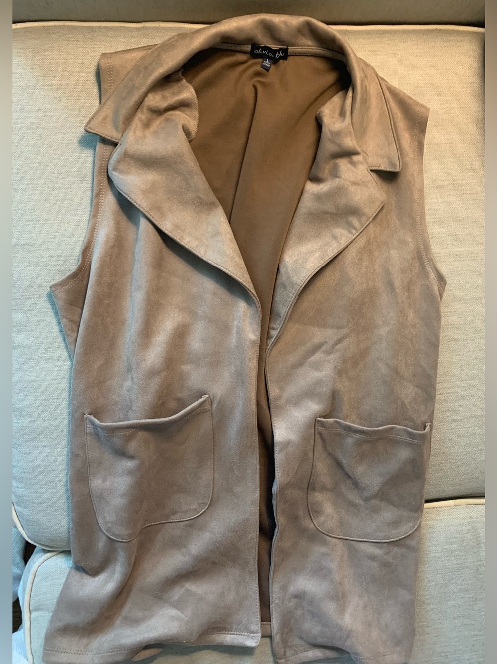 Olivia Blu Taupe Faux-Suede Open-Front Vest - Sleeveless Layering Piece